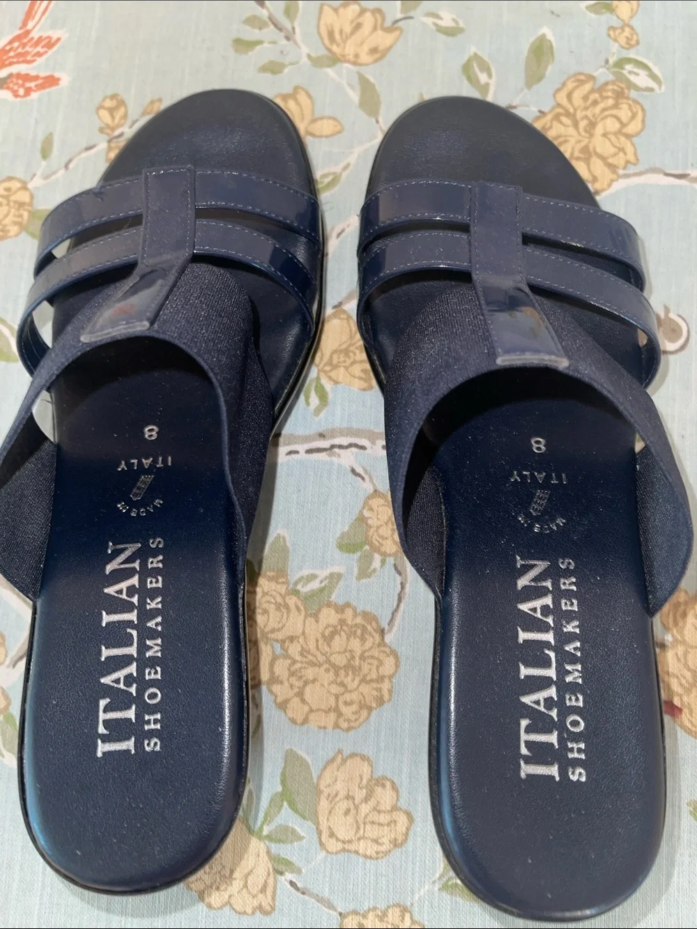 NWOT Italian Shoemakers Navy Patent & Matte High Heeled Slip-on Sandals